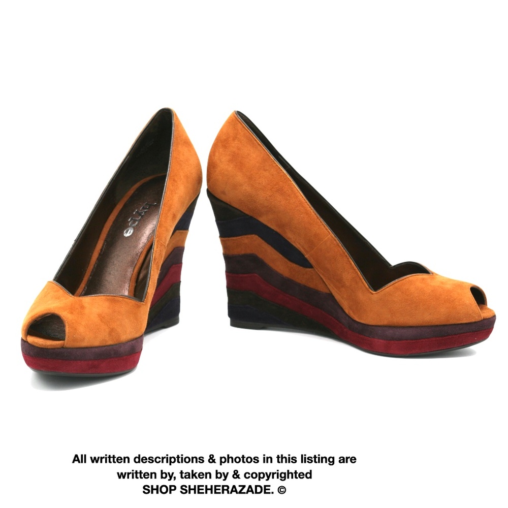 HYPE Suede Cognac + Multi-Color Peep-Toe Wedge